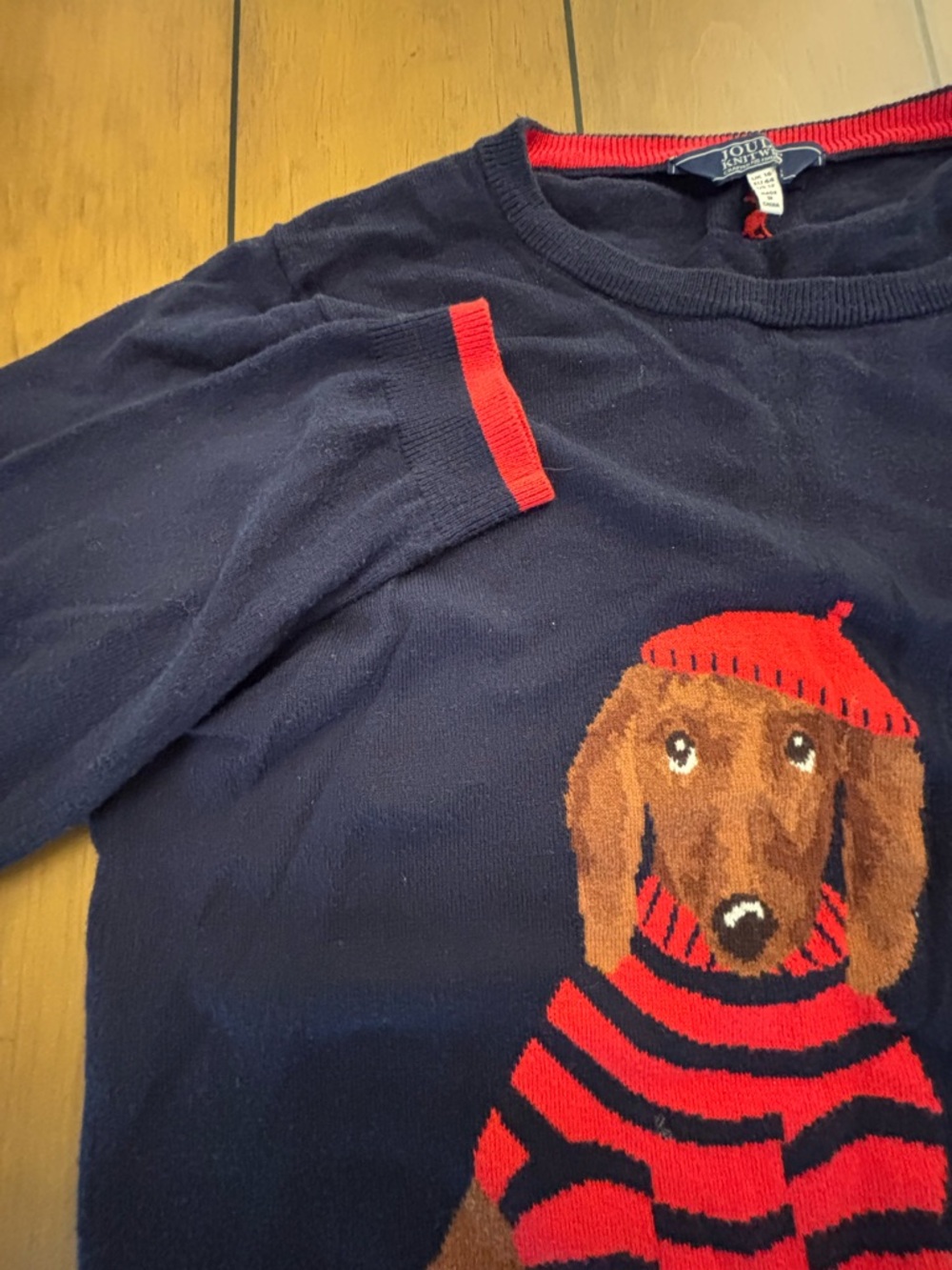 Navy Cotton Crewneck Sweater with Intarsia French Dog - Picture 4 of 9
